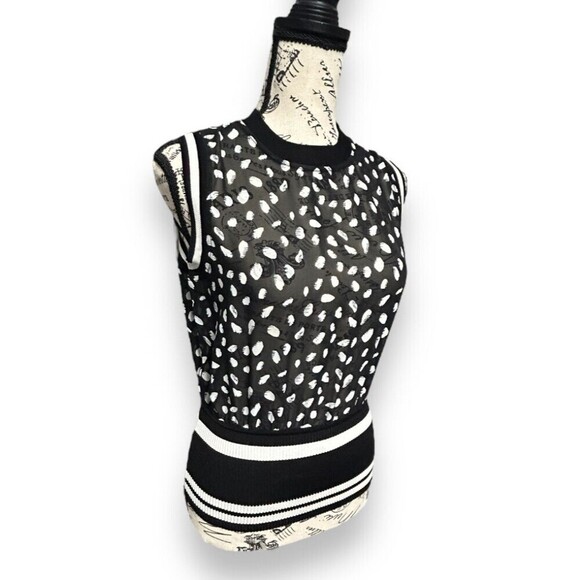 Bar III Black White Polka Dot Sheer Stretch Knit Top Preppy Career Size Small - Picture 3 of 14